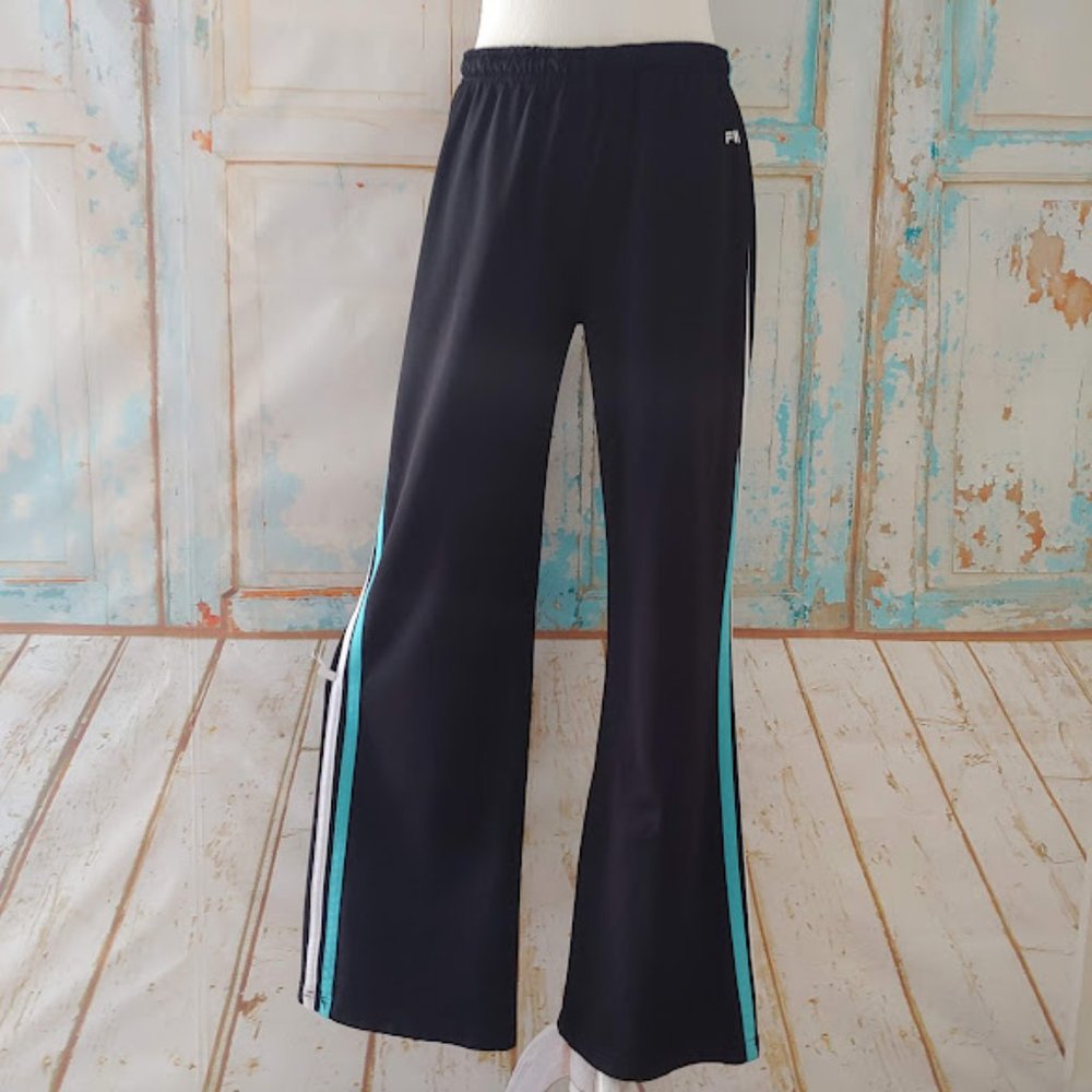FILA stripe slight flare leg stretch waist track jogger pant/size M/blk blu wht